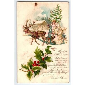 Antique Santa Claus Tan Coat Christmas Postcard Reindeer Girl Sleigh Holly 1900s